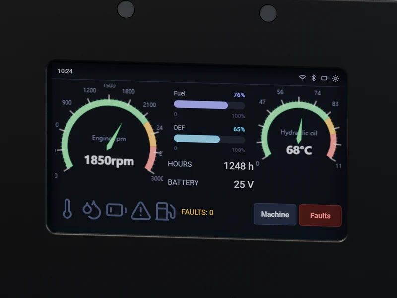 Close view of the screen: engine speed and hydraulic oil gauges, fuel and DEF bars, warning lights and screen buttons