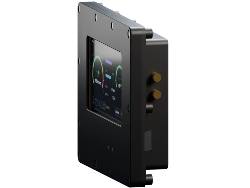Side view of the display showing the antenna connectors, the service-port plug and the depth of the case